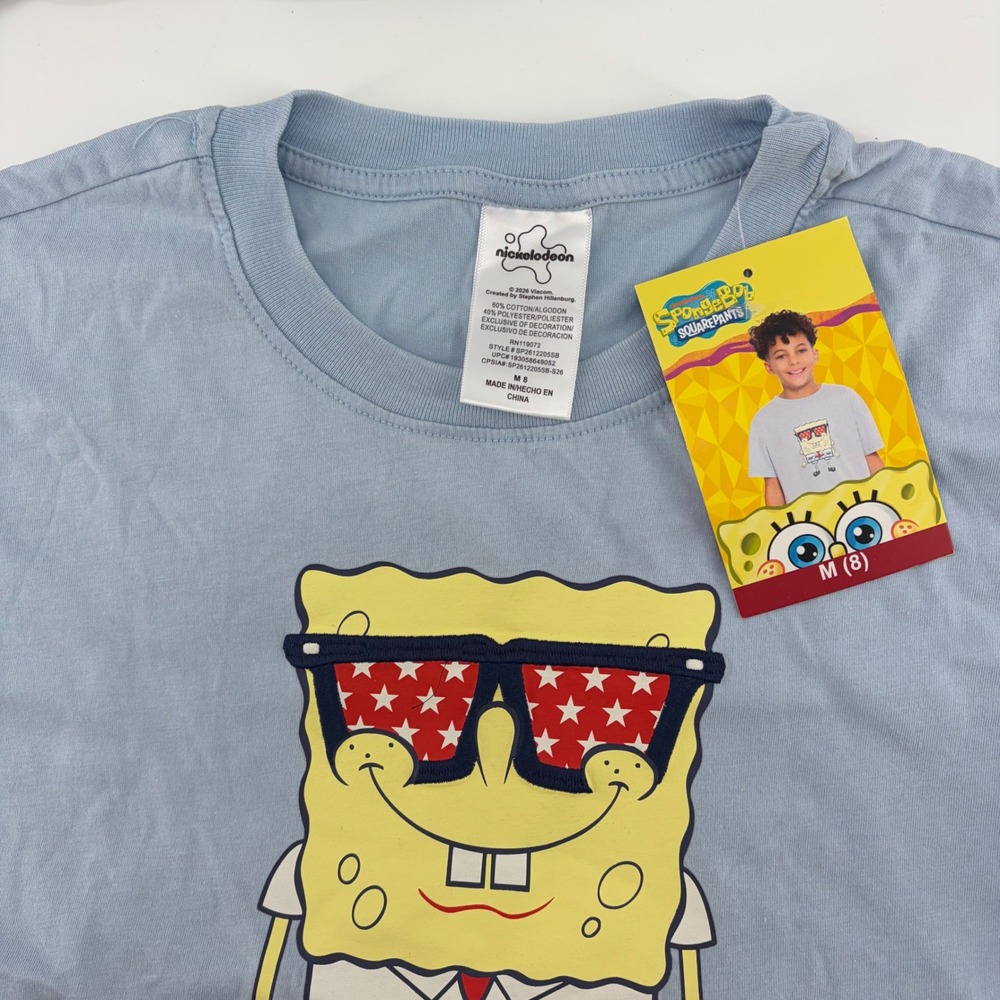 Nickelodeon SpongeBob SquarePants Americana Tee Light Blue Kids Size M 8 NEW
